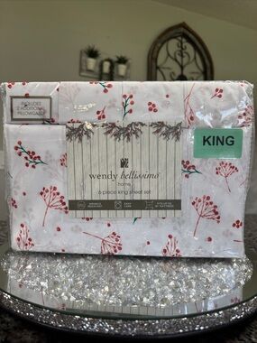 Wendy Bellissimo White Sheet Set with Red & Green Berry Sprig Print NEW